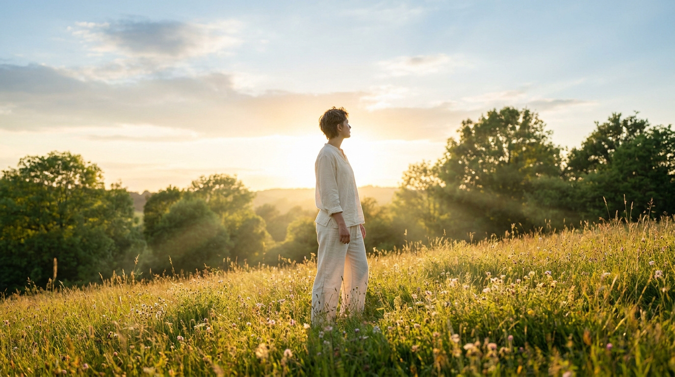 Une personne vêtue de blanc debout dans un champ au coucher du soleil, symbolisant l'espoir et la guérison.