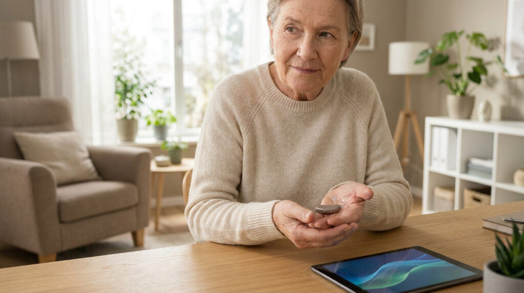 Une femme âgée tient un appareil auditif miniature dans le creux de ses mains, assise à une table avec une tablette.
