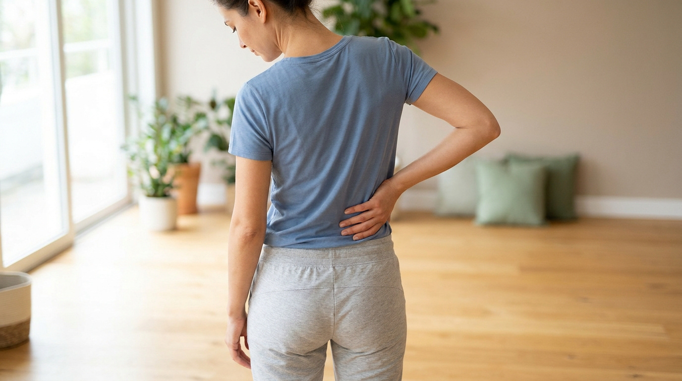 Femme en tenue décontractée se tenant le bas du dos à cause d'une douleur musculaire.