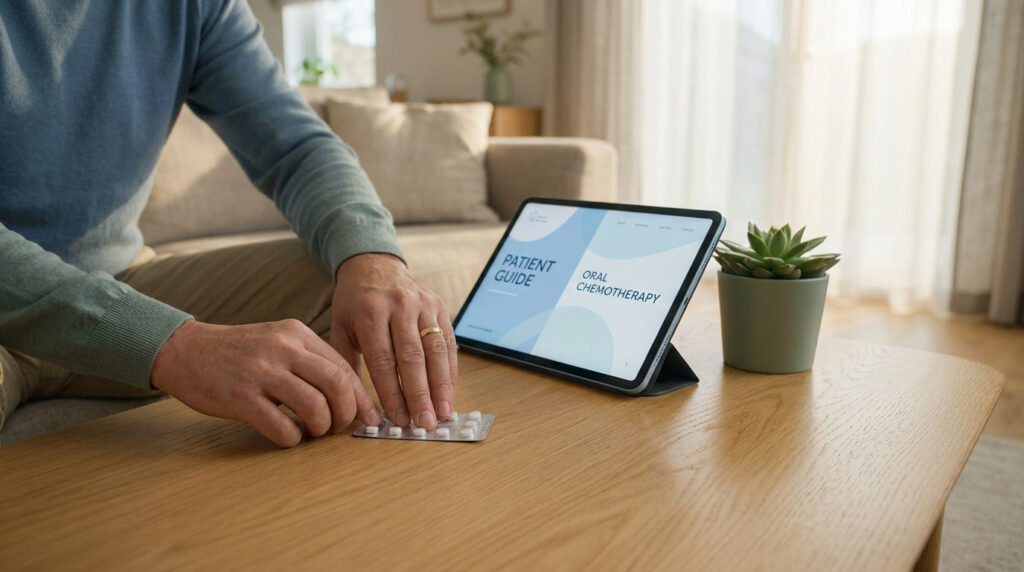 Un patient consulte un guide numérique sur une tablette tout en manipulant une plaquette de comprimés.