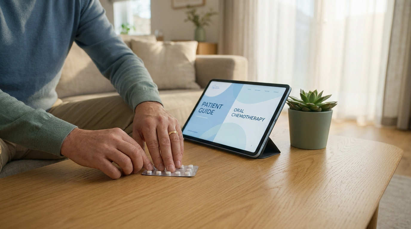 Un patient consulte un guide numérique sur une tablette tout en manipulant une plaquette de comprimés.