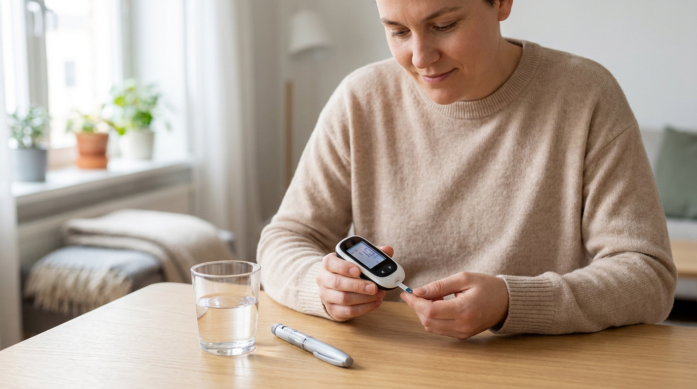 Une personne assise à une table mesure son taux de glucose avec un lecteur de glycémie.