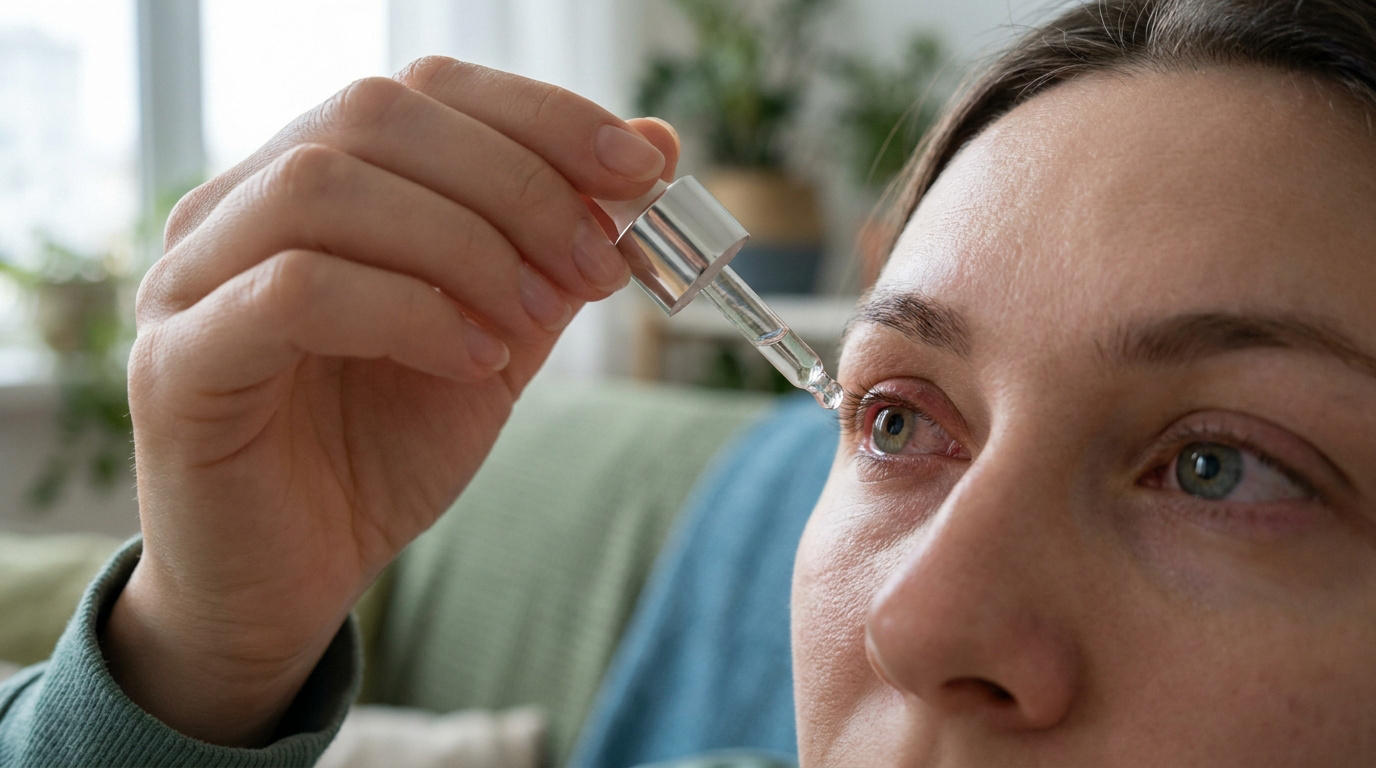 Une femme utilisant une pipette pour appliquer une goutte dans son œil irrité et rouge.