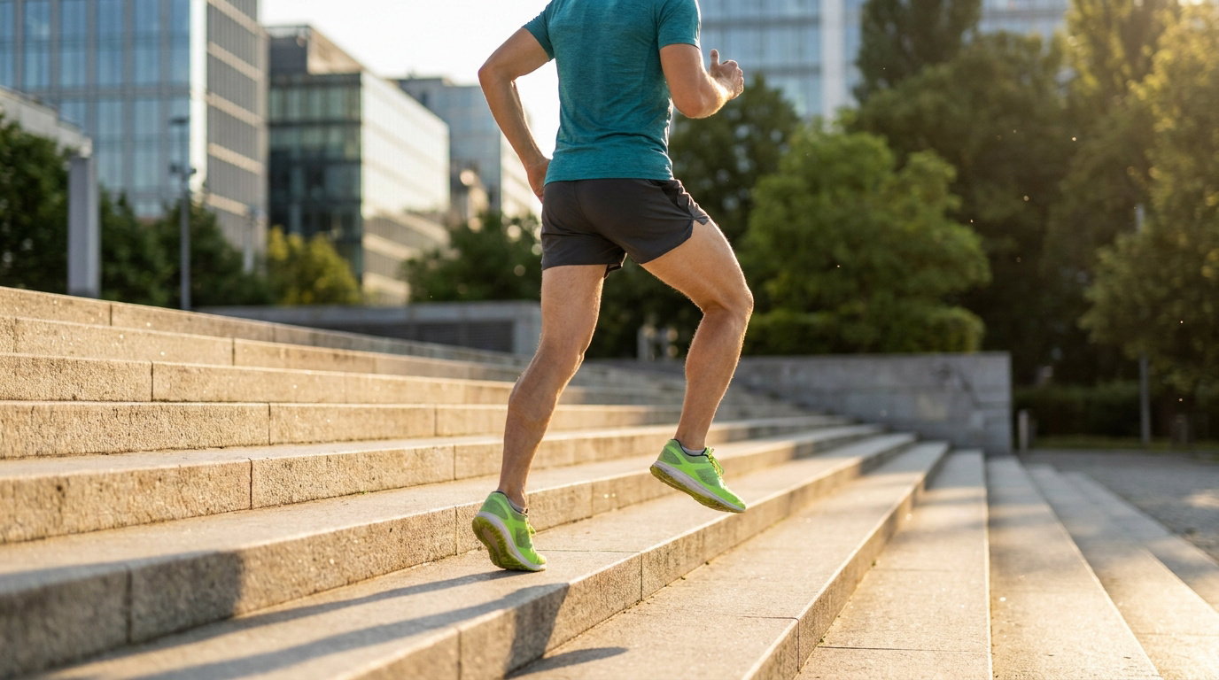 Un homme en tenue de sport court sur un escalier extérieur en béton dans un environnement urbain ensoleillé.