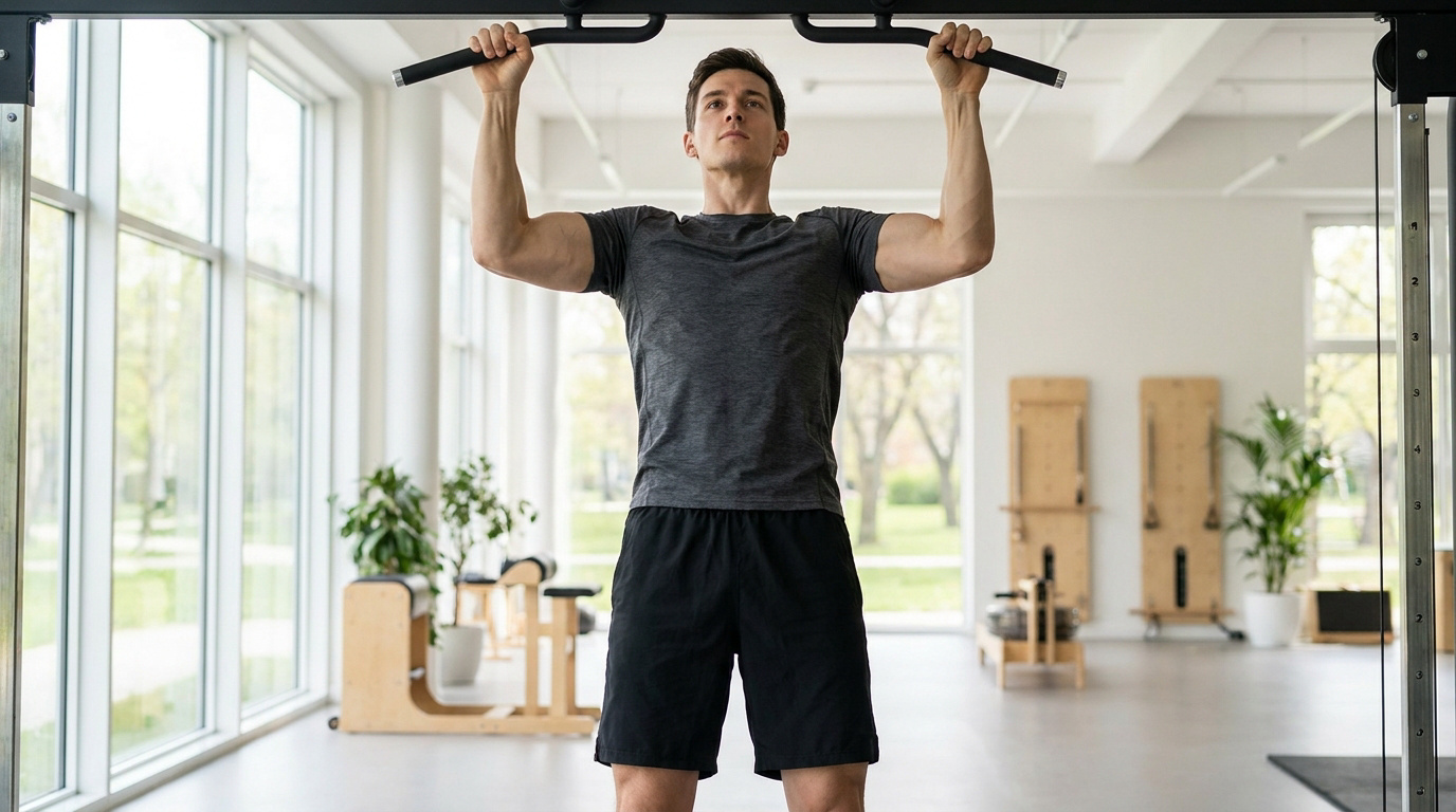 Un homme faisant des tractions dans une salle de sport lumineuse et moderne.