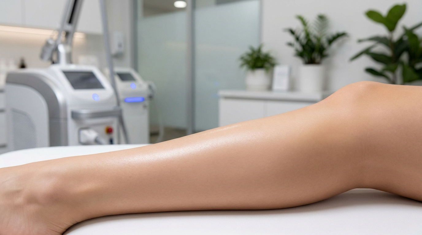 Jambe lisse sur une table de soin avec un appareil d'épilation laser professionnel en arrière-plan.
