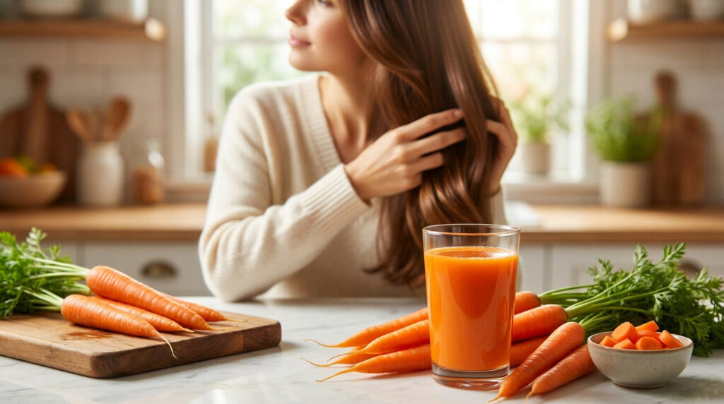 Une femme touche ses cheveux dans une cuisine avec un verre de jus de carotte et des carottes fraîches sur le comptoir.