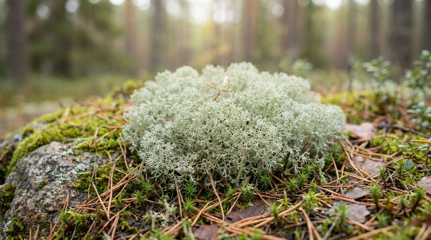 Gros plan sur un lichen blanc ramifié poussant sur un rocher recouvert de mousse dans une forêt.