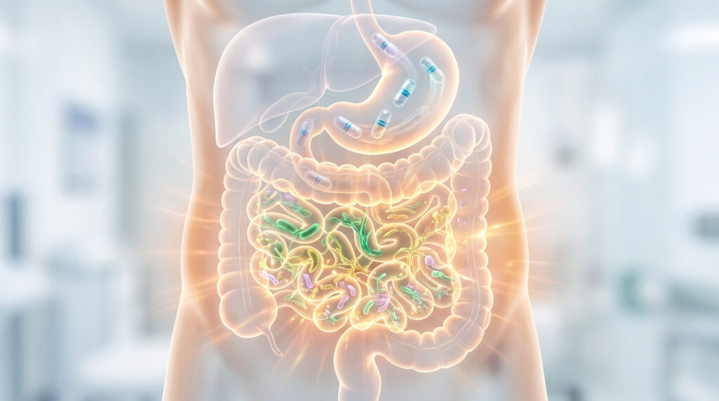 Représentation médicale du système digestif avec des gélules d'antibiotiques et des bactéries lumineuses.