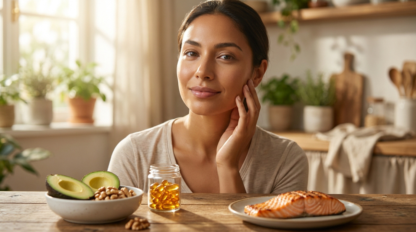 Une femme souriante pose à côté d'aliments riches en oméga-3 et de gélules d'huile de poisson dans une cuisine lumineuse.