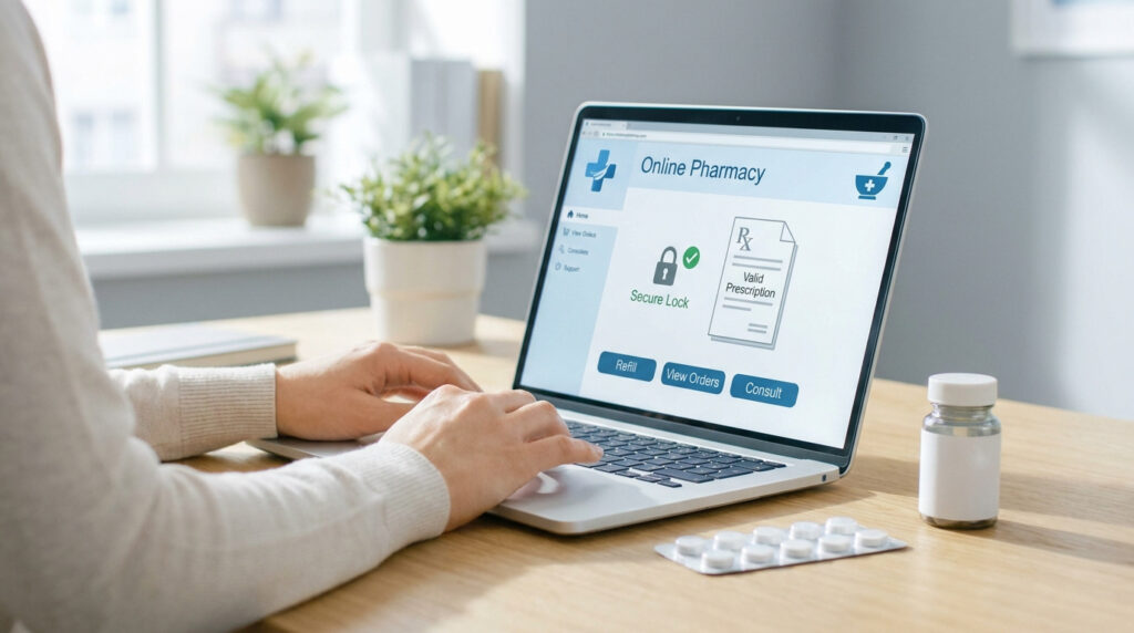 Une personne utilisant un ordinateur portable sur un site de pharmacie en ligne sécurisé avec une ordonnance valide.