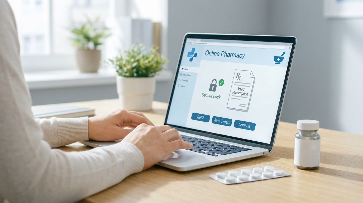 Une personne utilisant un ordinateur portable sur un site de pharmacie en ligne sécurisé avec une ordonnance valide.