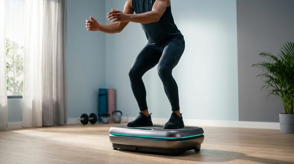 Un homme en tenue de sport fait des squats sur une plateforme vibrante dans un salon lumineux.