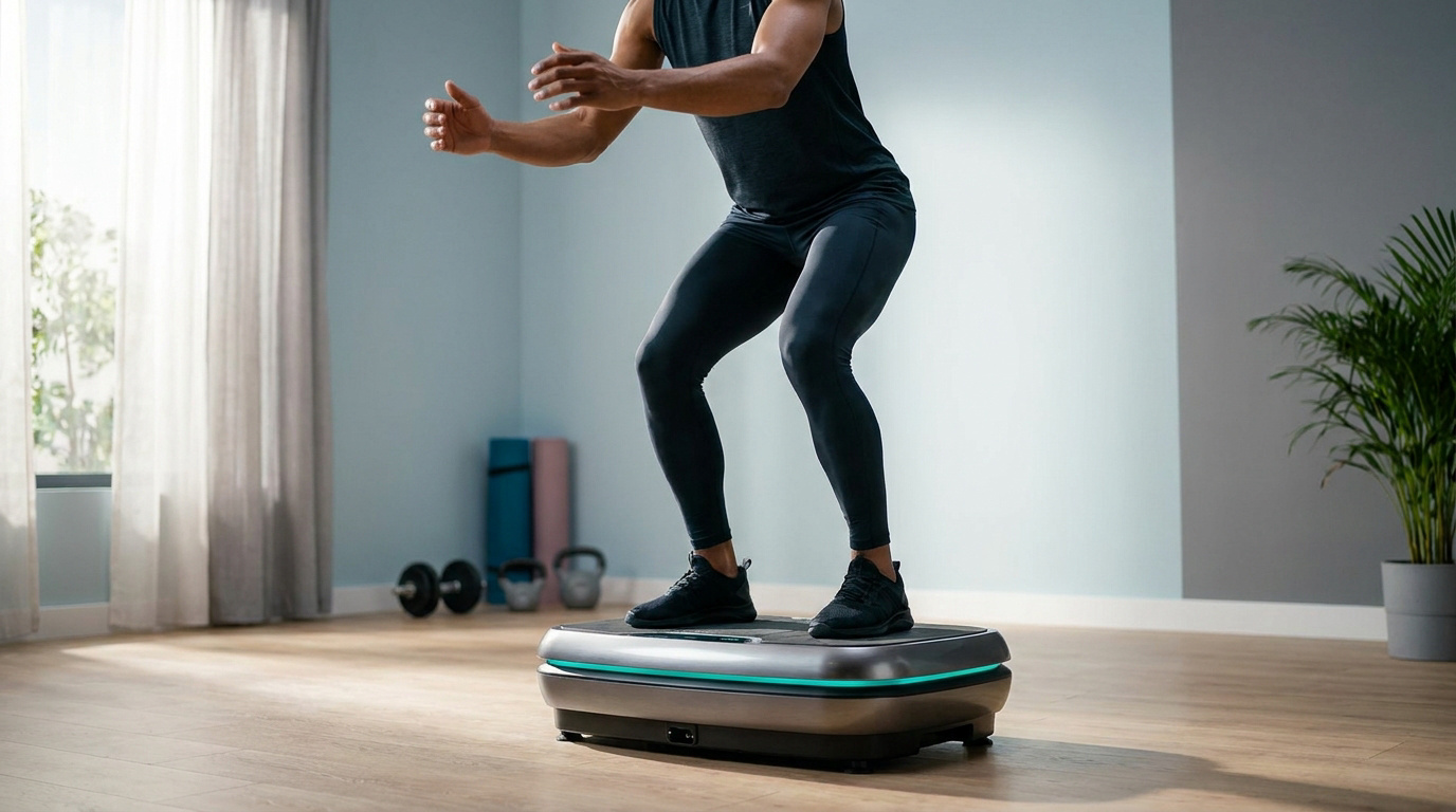 Un homme en tenue de sport fait des squats sur une plateforme vibrante dans un salon lumineux.