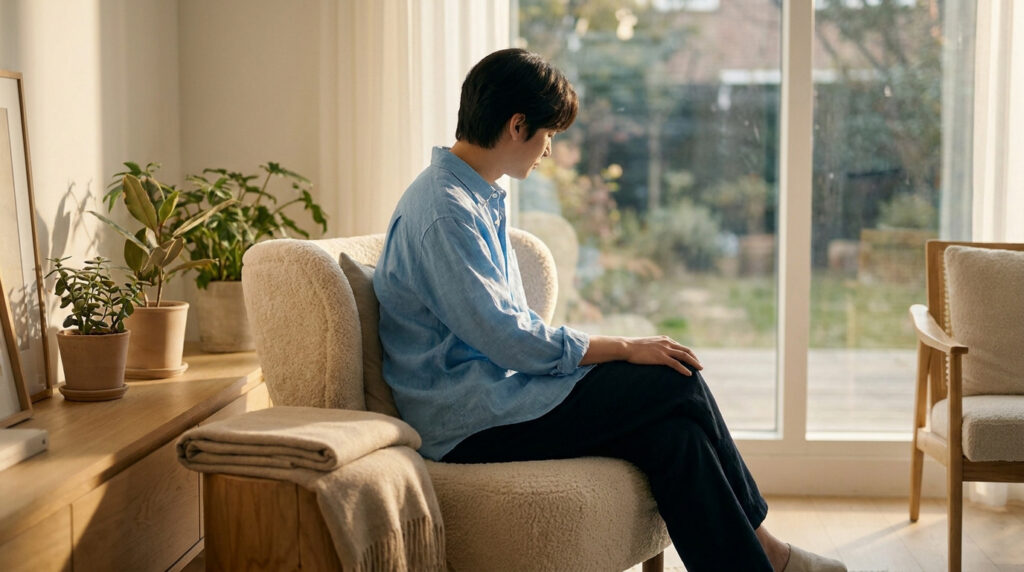 Un jeune homme assis dans un fauteuil confortable, regardant par la fenêtre dans un salon lumineux, en convalescence.