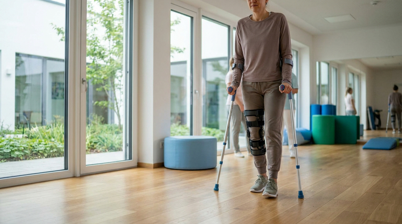 Une femme utilisant des béquilles et une attelle de genou dans une salle de rééducation lumineuse.