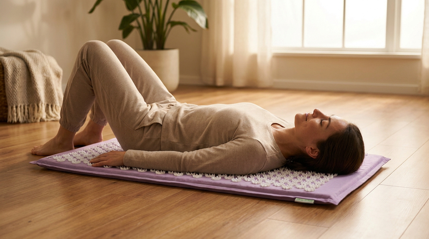 Une femme allongée sur un tapis d'acupression violet, les genoux pliés, dans une pièce lumineuse et apaisante.