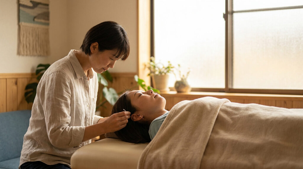 Une acupunctrice place délicatement une aiguille près de l'oreille d'une patiente allongée lors d'une séance.