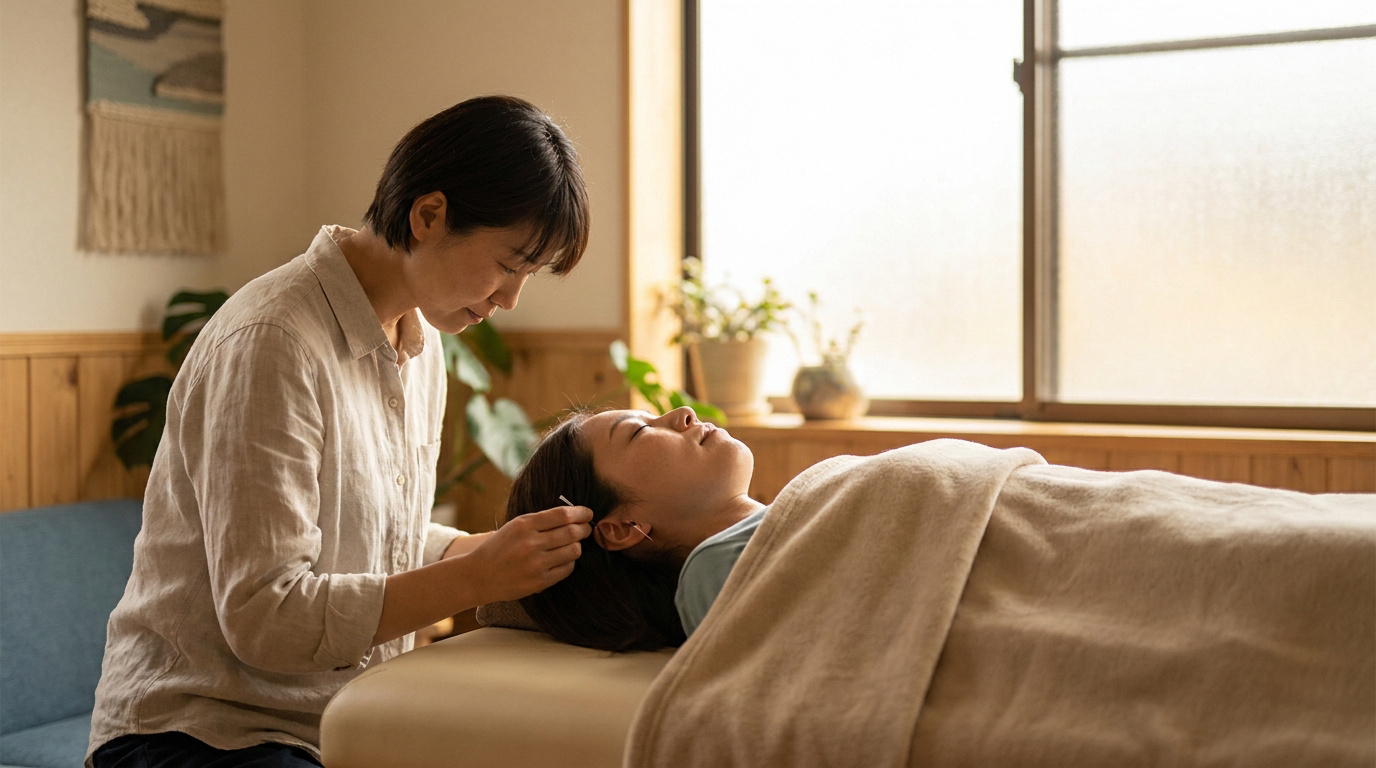 Une acupunctrice place délicatement une aiguille près de l'oreille d'une patiente allongée lors d'une séance.