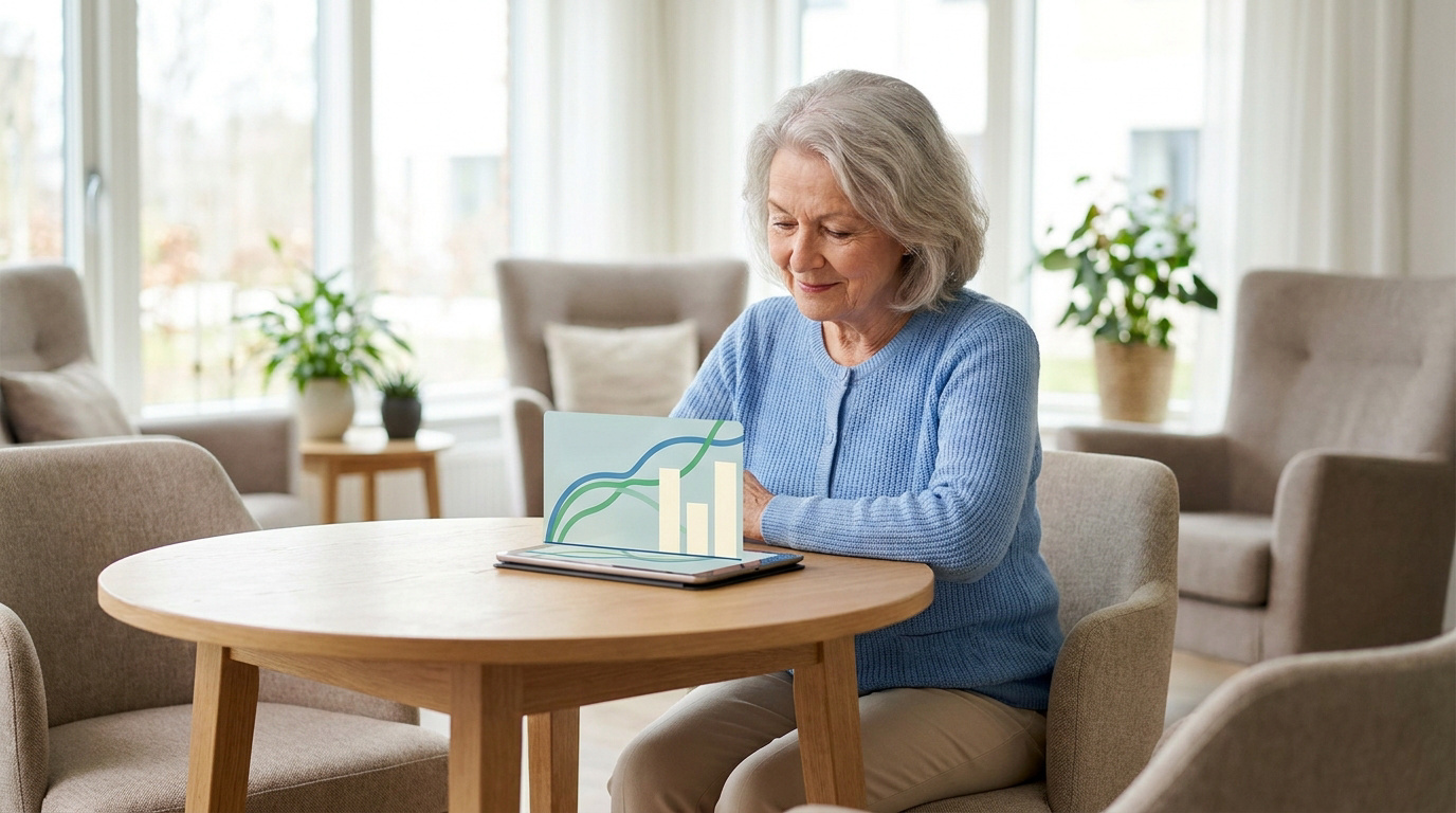 Une dame âgée assise à une table regarde des graphiques financiers projetés sur une tablette numérique.