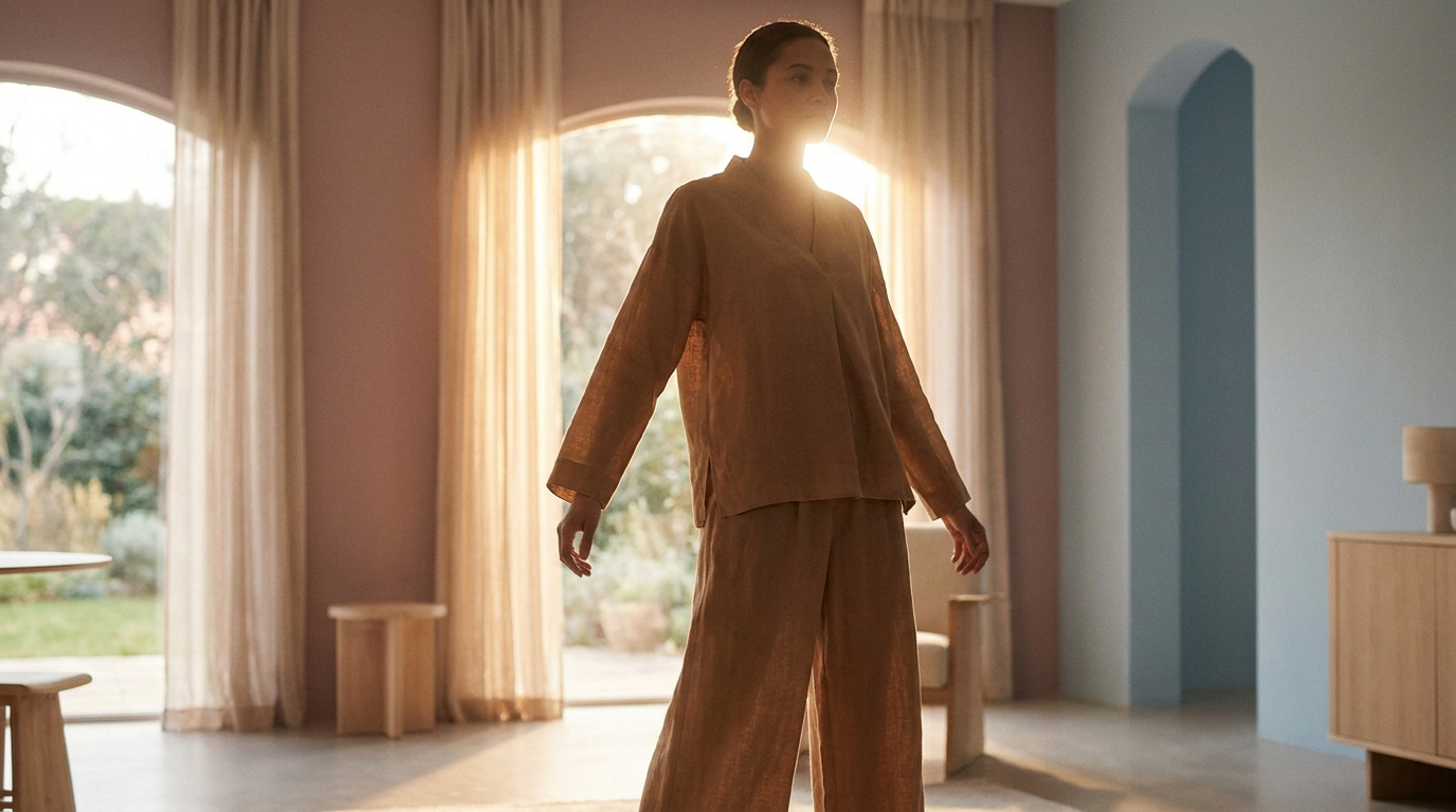Une femme debout dans un intérieur lumineux et apaisant, baignée par la lumière douce du soleil couchant.