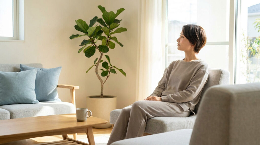 Une femme assise dans un salon lumineux, regardant par la fenêtre avec un air pensif et fatigué.