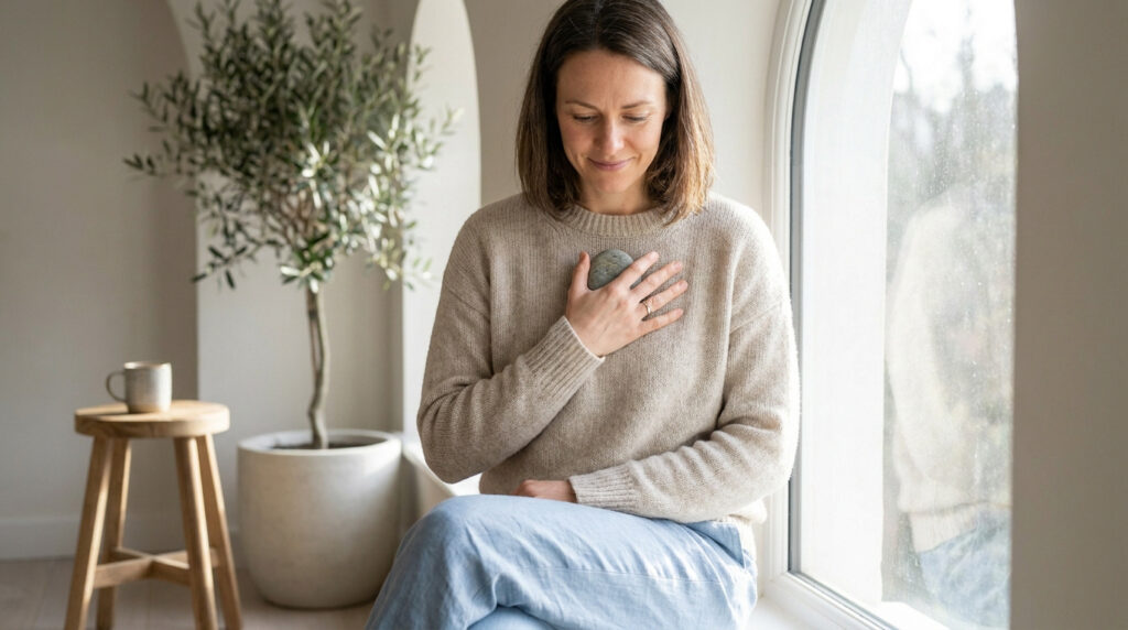 Une femme souriante tient une pierre lisse contre son cœur, assise près d'une fenêtre dans un intérieur lumineux.