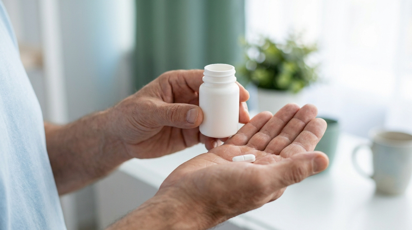 Mains d'une personne tenant un flacon de médicaments ouvert avec un comprimé blanc dans la paume.