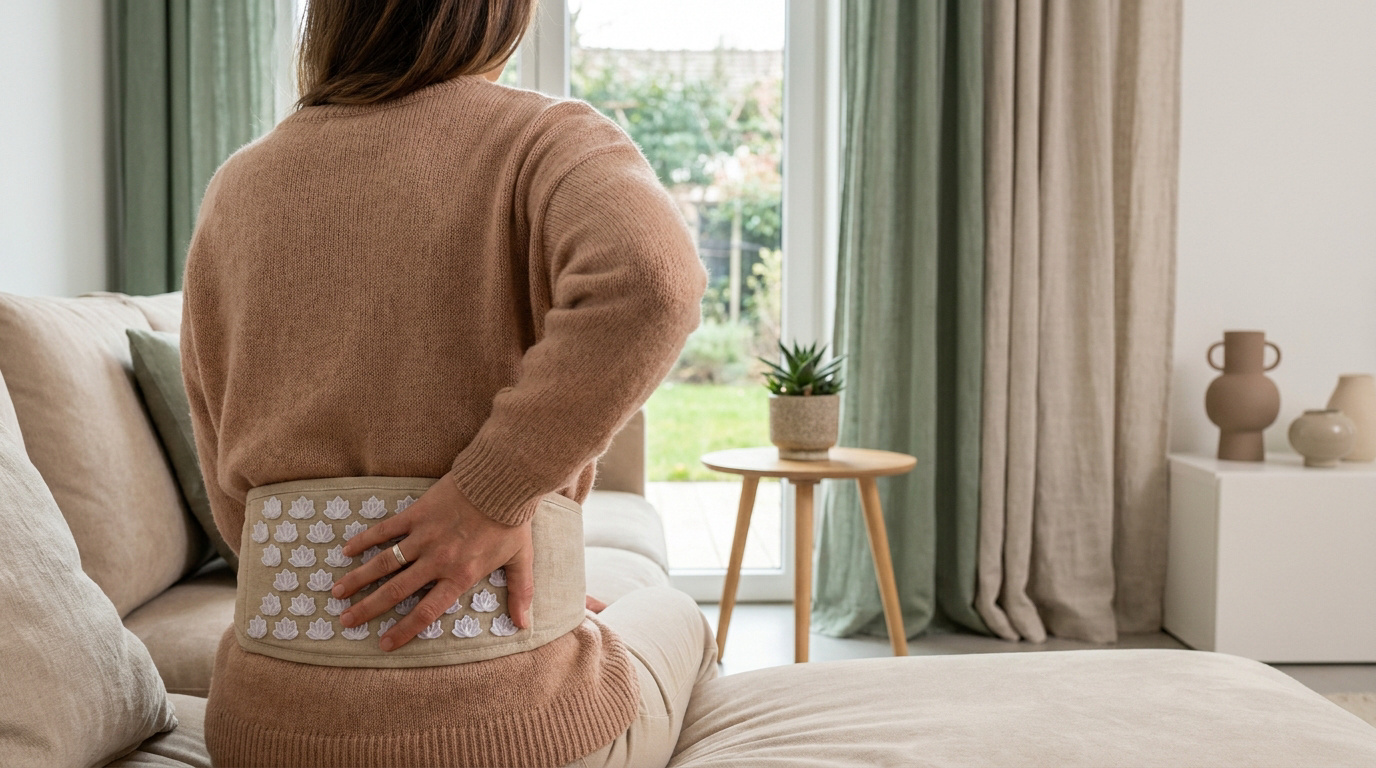Une femme assise sur un canapé portant une ceinture d'acupression Champ de Fleurs sur son bas du dos.
