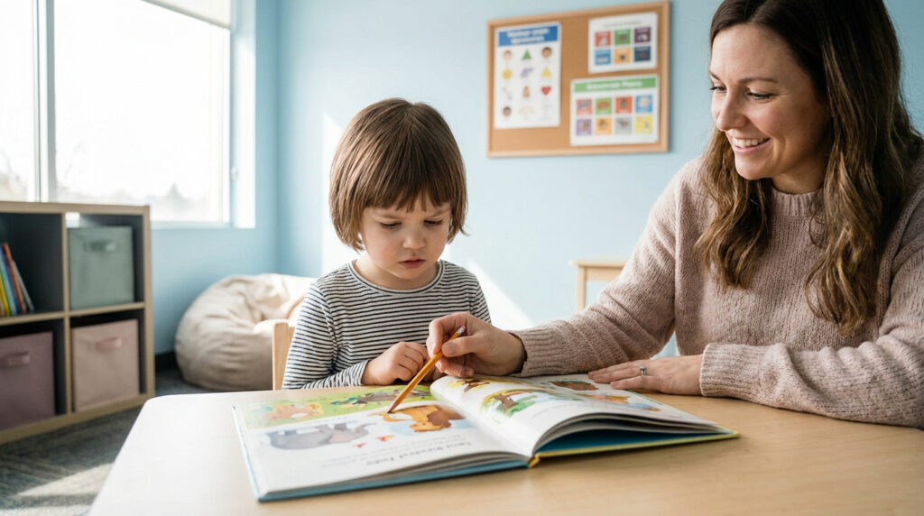 Une orthophoniste souriante aide une petite fille à lire un livre illustré dans une salle de classe lumineuse.