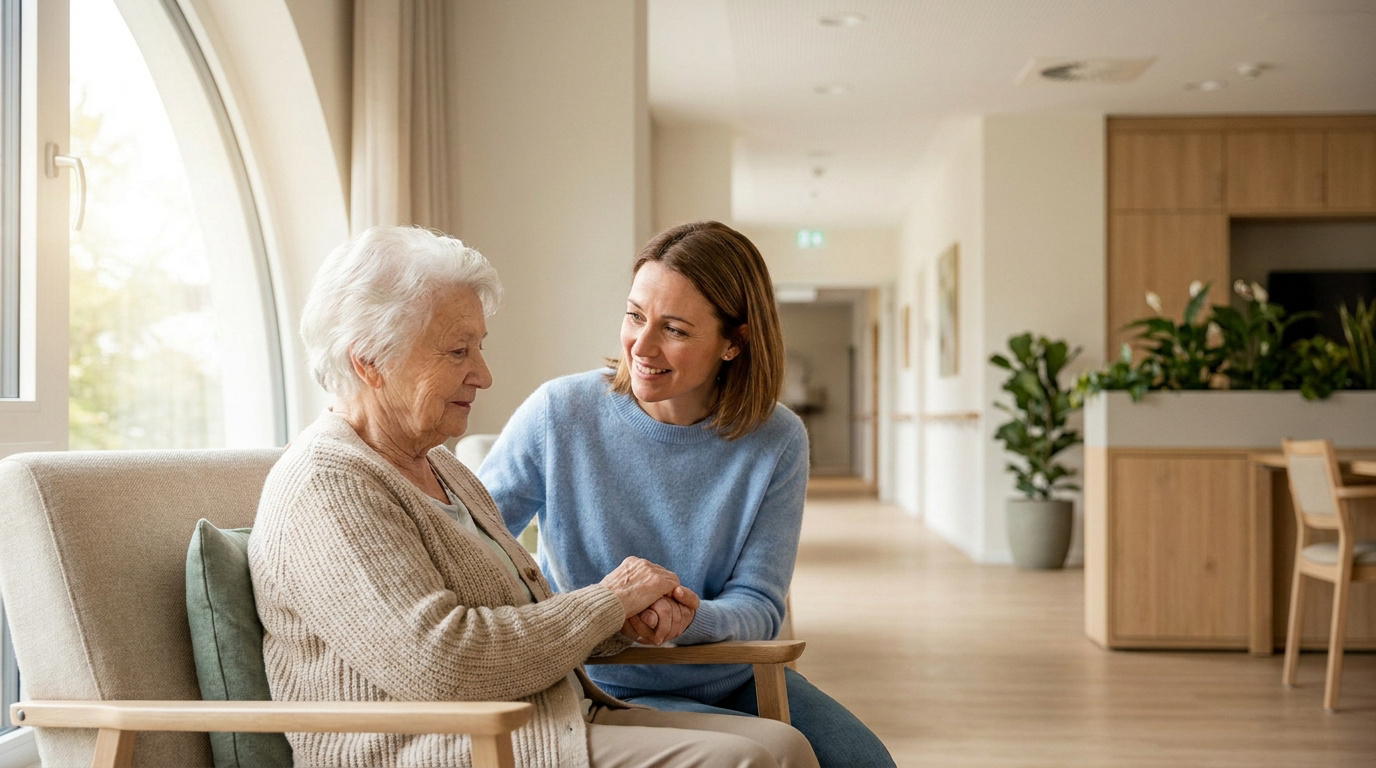 Une aide-soignante souriante tient la main d'une personne âgée assise dans un fauteuil confortable en EHPAD.