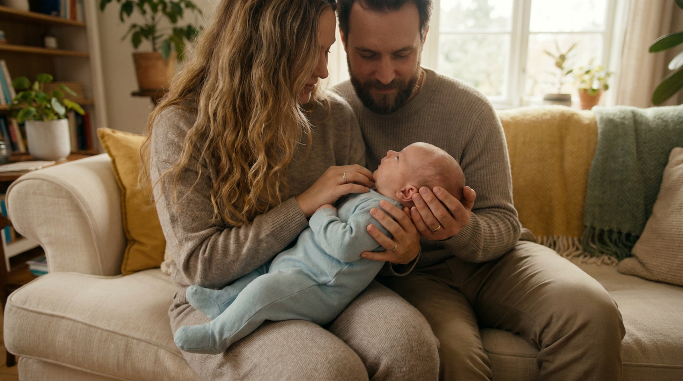 Parents attentionnés tenant leur bébé dans leurs bras sur un canapé dans un salon lumineux.