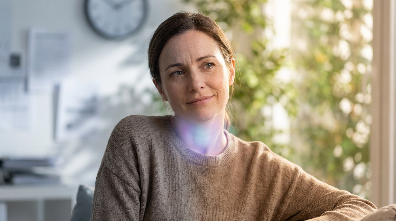 Une femme pensive assise chez elle, avec une zone lumineuse symbolisant la thyroïde au niveau de son cou.