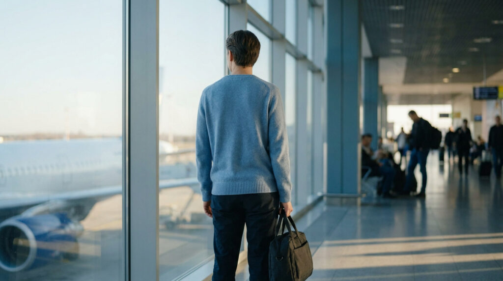 Homme de dos regardant par la baie vitrée d'un aéroport un avion stationné sur le tarmac.