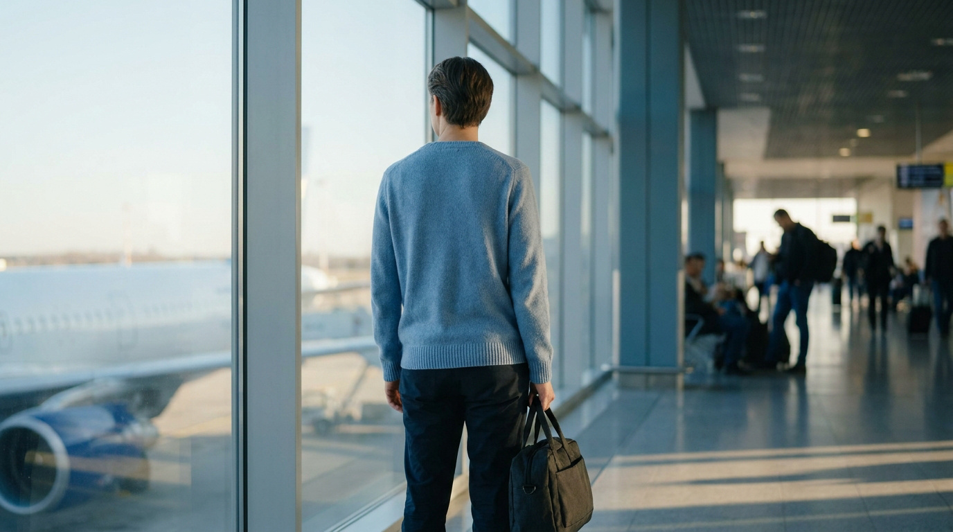 Homme de dos regardant par la baie vitrée d'un aéroport un avion stationné sur le tarmac.