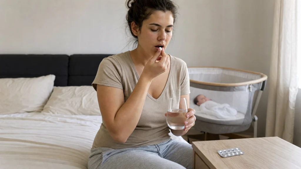 Jeune mère prenant sa pilule contraceptive avec un verre d’eau près du berceau de son bébé