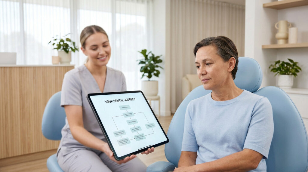 Une dentiste montre un schéma de parcours de soins sur une tablette à sa patiente assise sereinement.