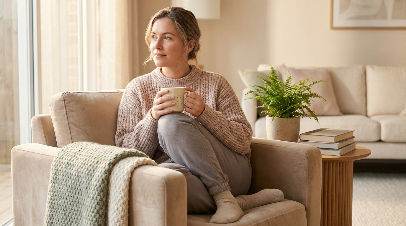 Une femme assise dans un fauteuil confortable, tenant une tasse, cherchant du repos pendant ses règles.