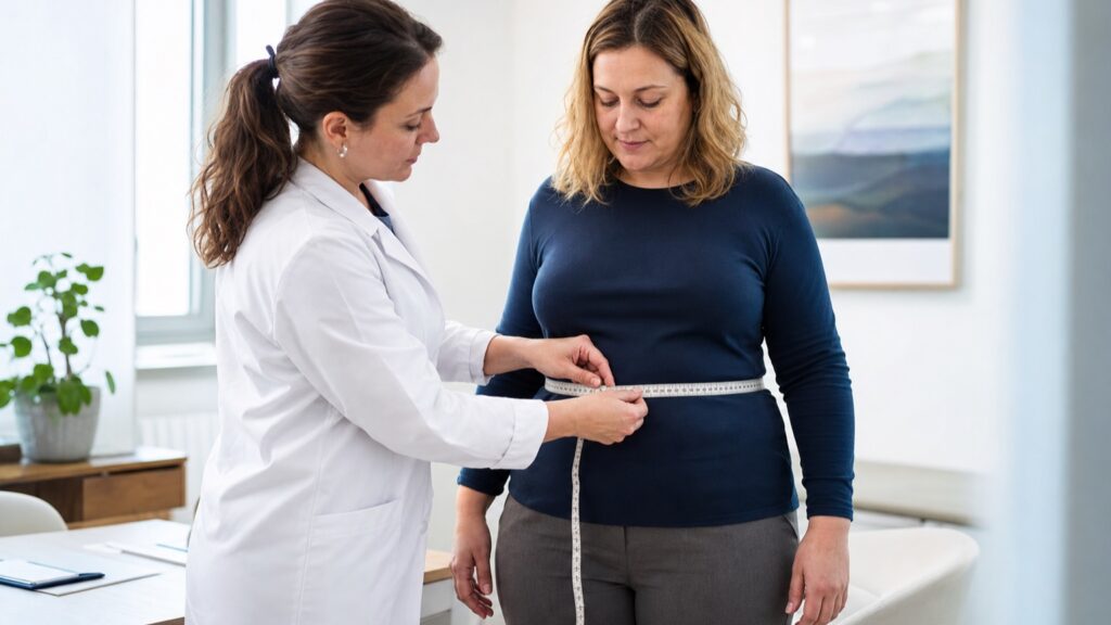 Professionnelle de santé mesurant le tour de taille d’une patiente