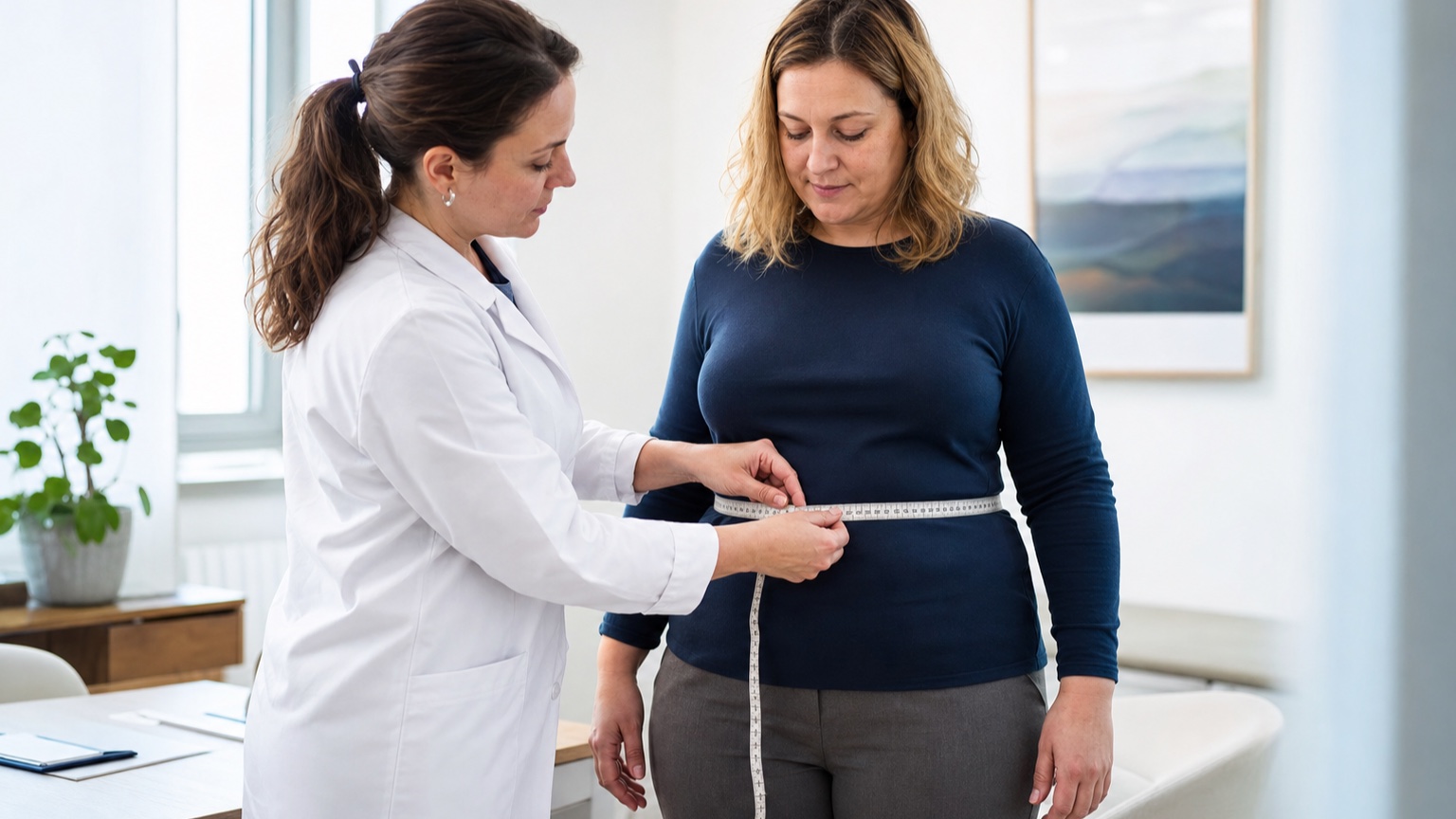 Professionnelle de santé mesurant le tour de taille d’une patiente