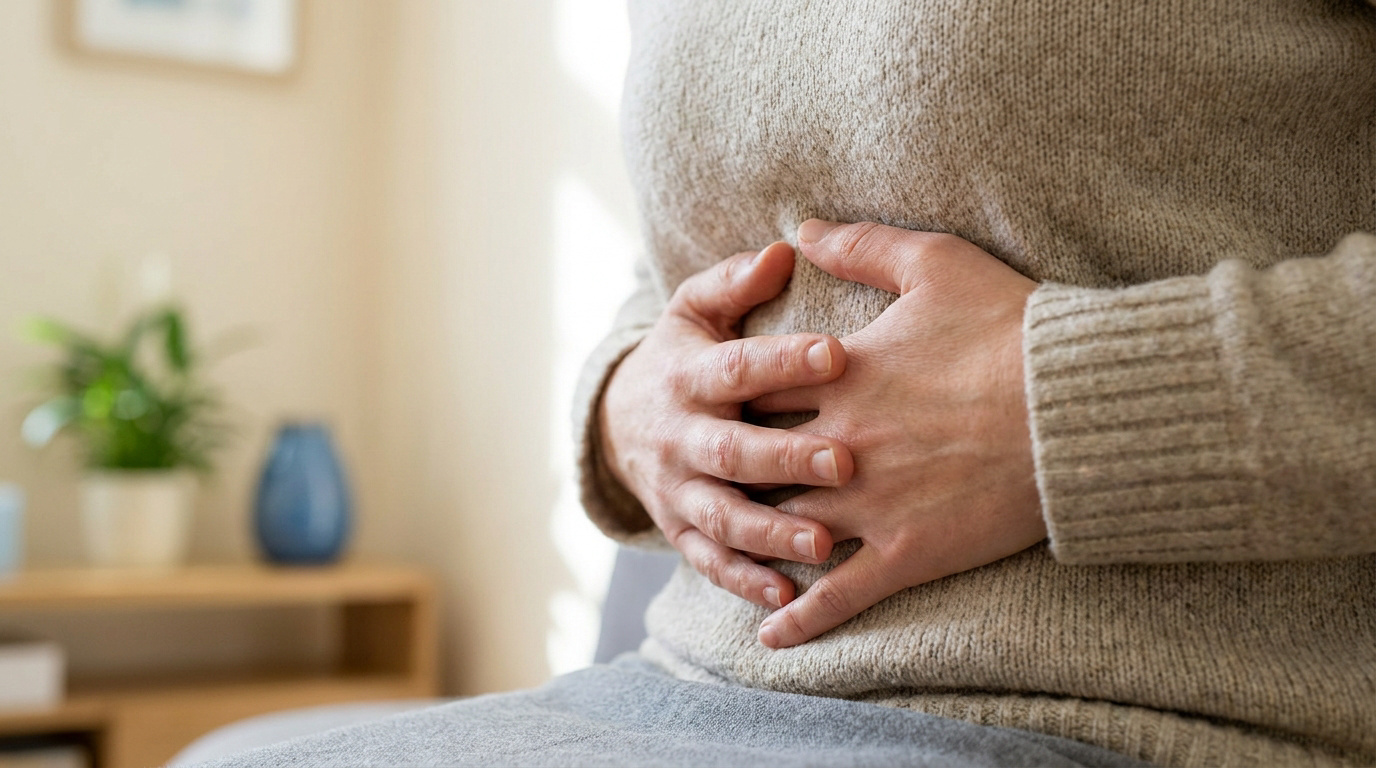 Gros plan sur une personne tenant ses mains sur son ventre pour exprimer une douleur ou une gêne abdominale.