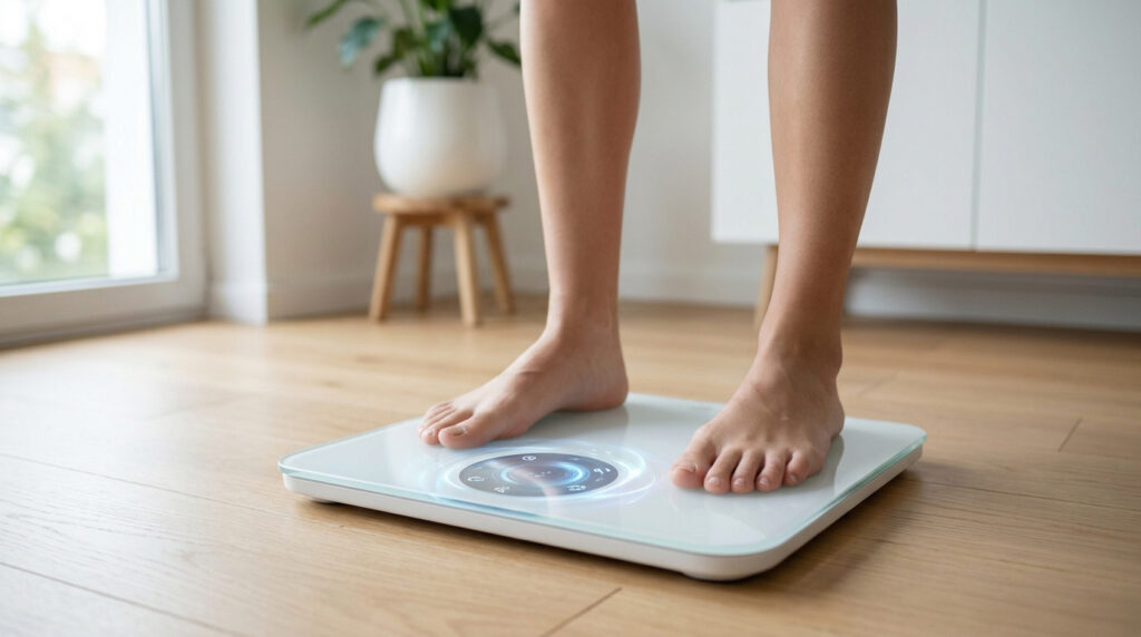 Une personne debout pieds nus sur une balance intelligente blanche avec un écran lumineux circulaire.