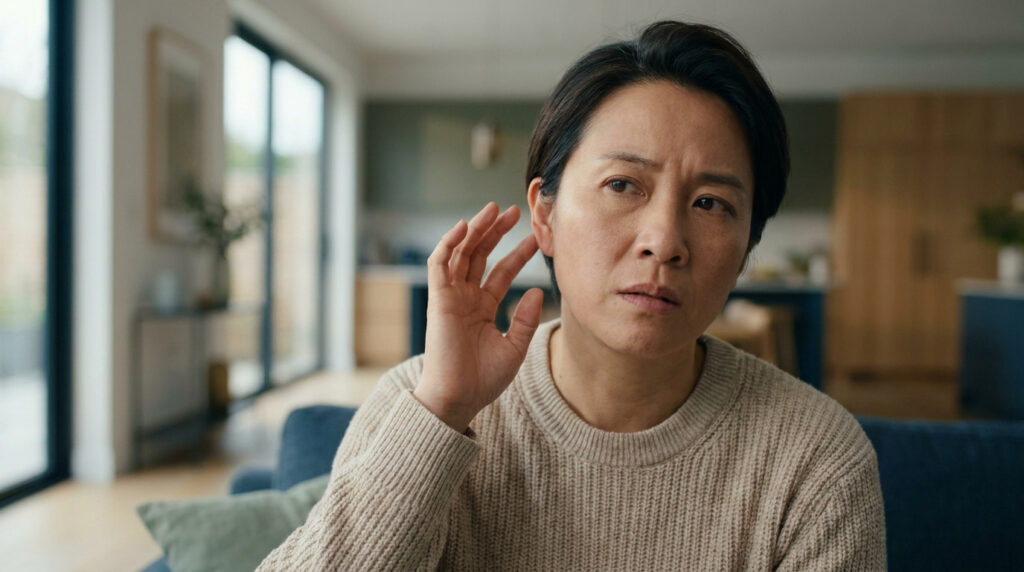 Une femme asiatique assise dans son salon, portant la main à son oreille avec une expression préoccupée.