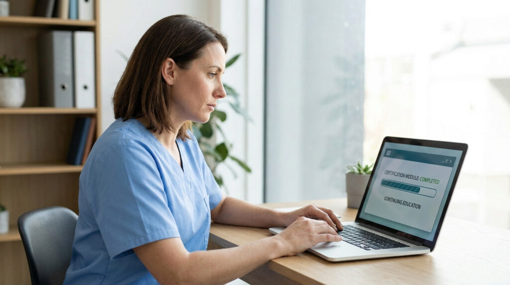 Une infirmière en tenue bleue suit une formation en ligne sur un ordinateur portable.