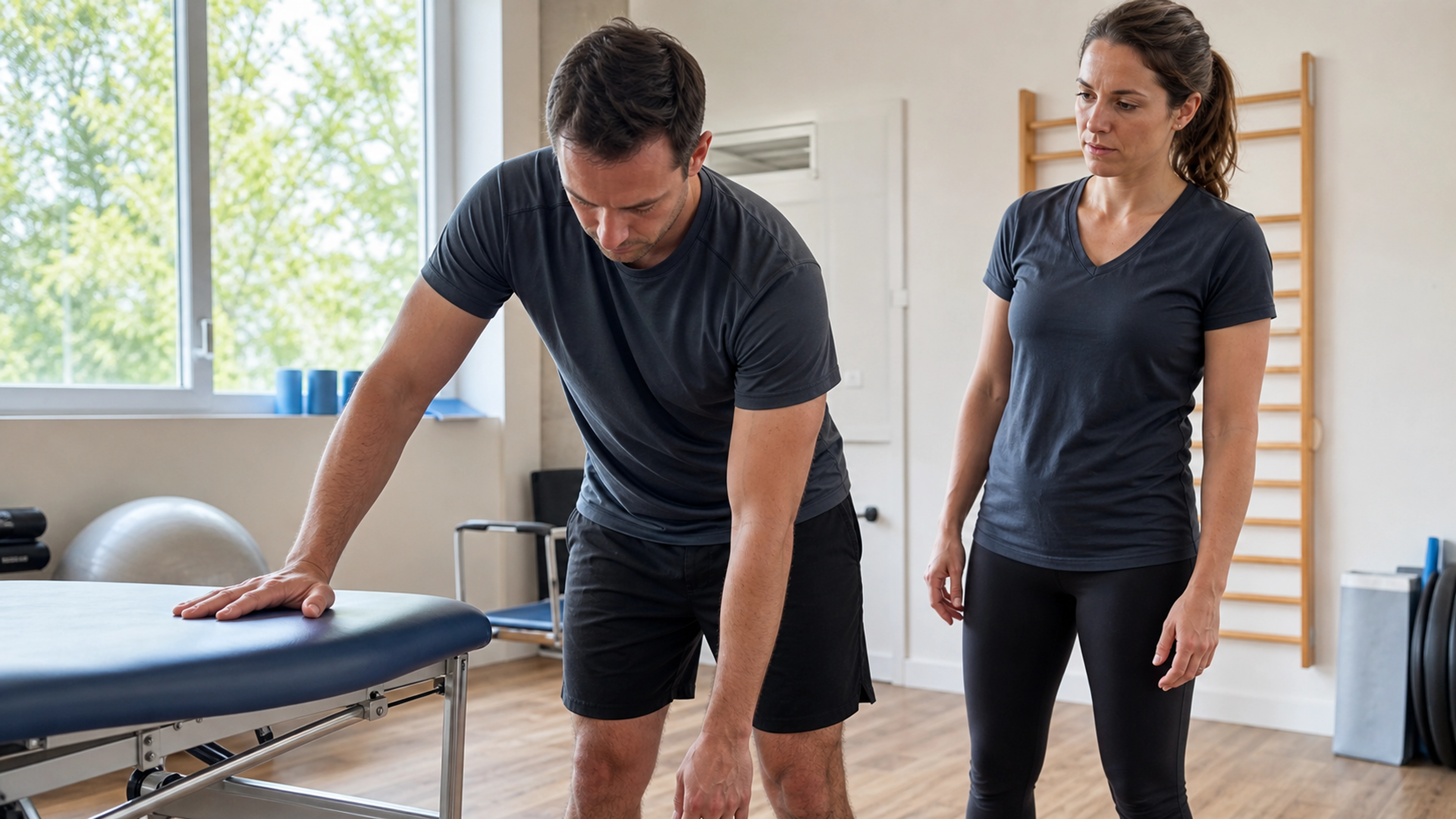 Patient réalisant un exercice pendulaire de rééducation de l'épaule avec un kinésithérapeute