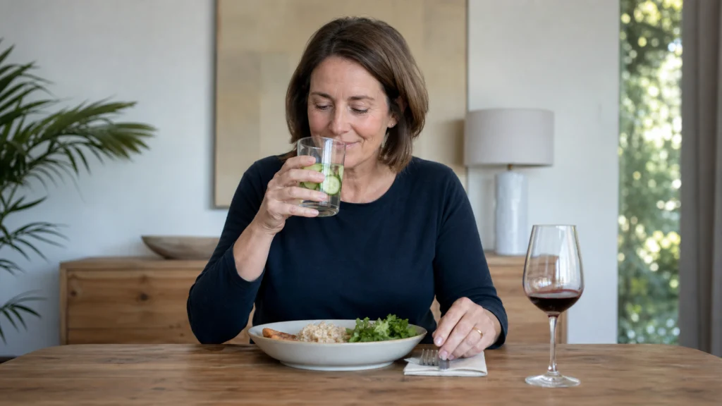 Personne choisissant un verre d’eau aromatisée plutôt qu’un verre de vin pendant une période de traitement