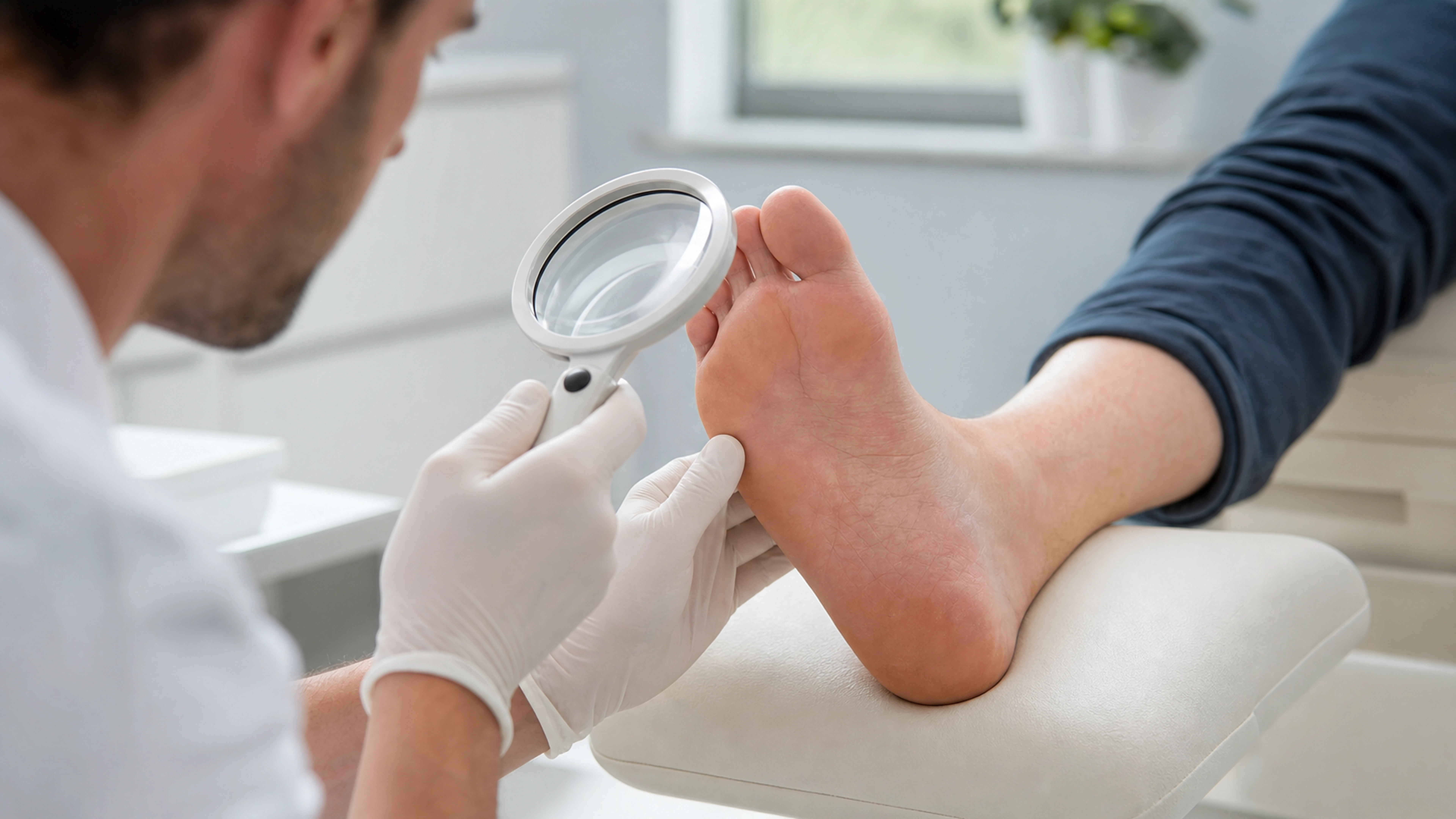 Podologue examinant avec précaution la plante du pied d’un patient