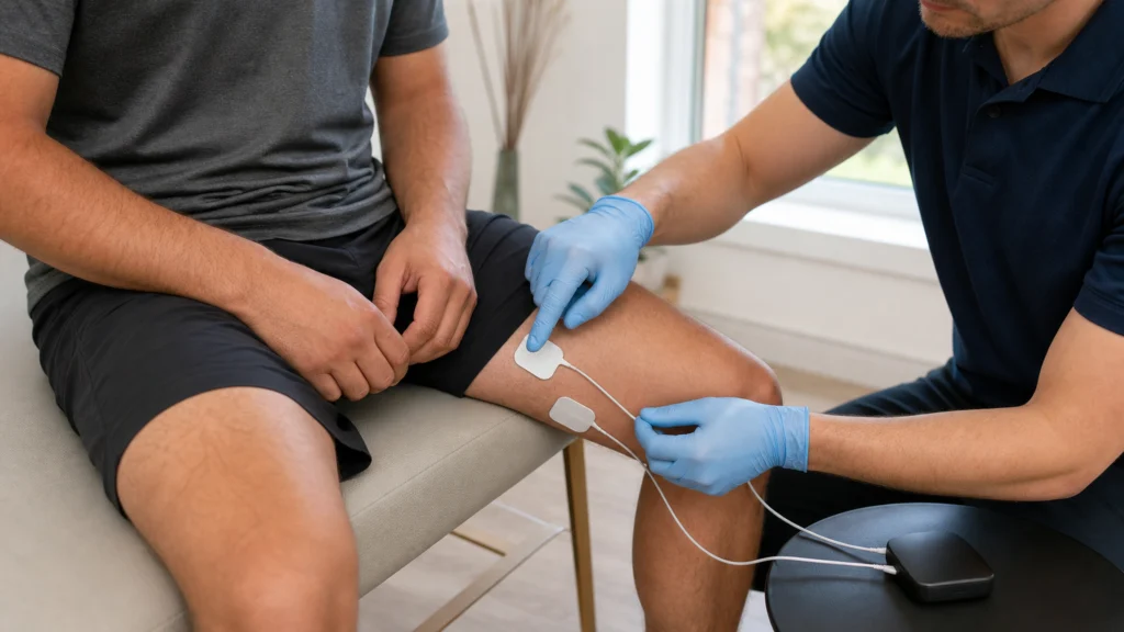 Kinésithérapeute montrant le positionnement d’électrodes sur la cuisse d’un adulte