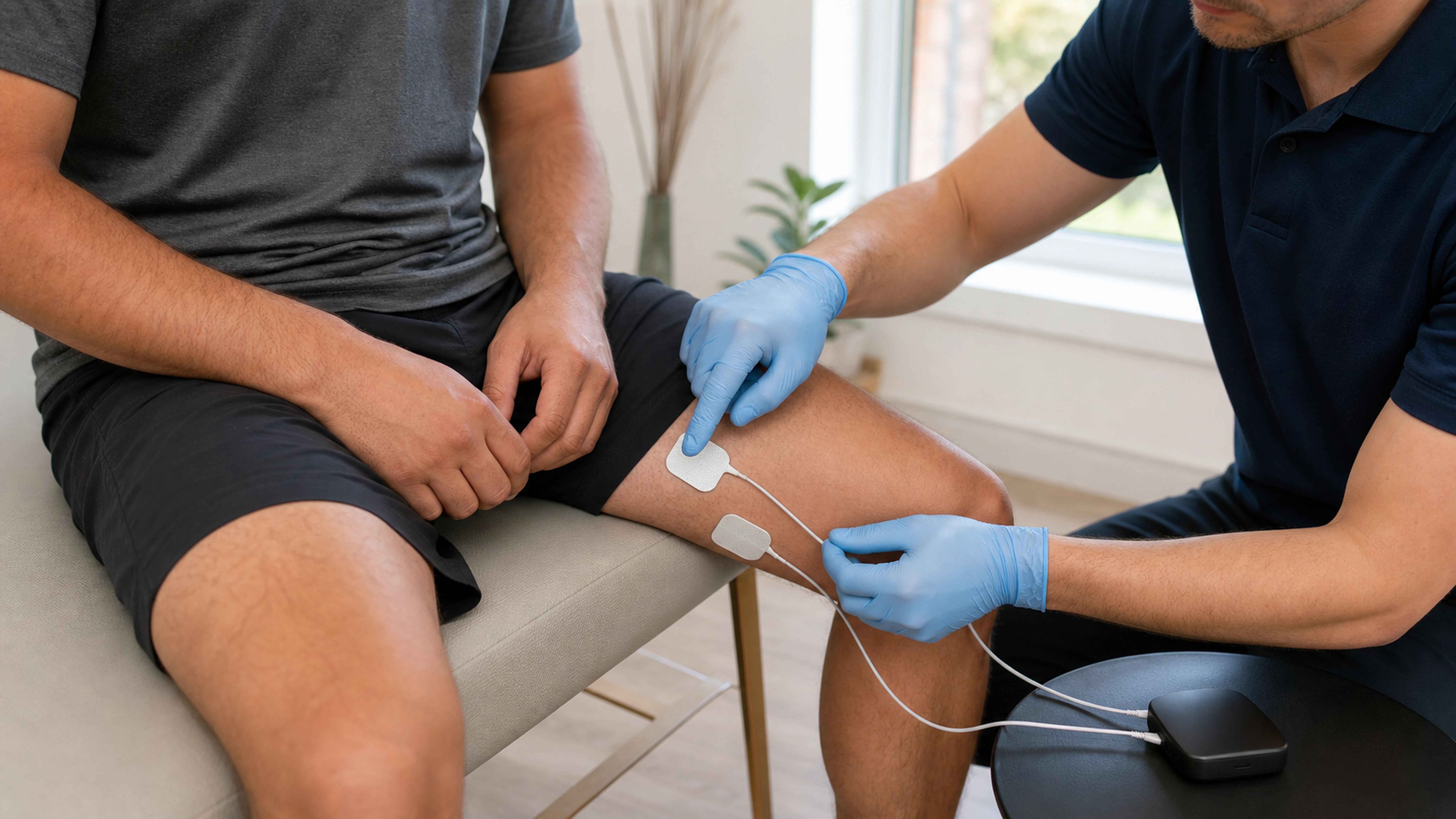 Kinésithérapeute montrant le positionnement d’électrodes sur la cuisse d’un adulte