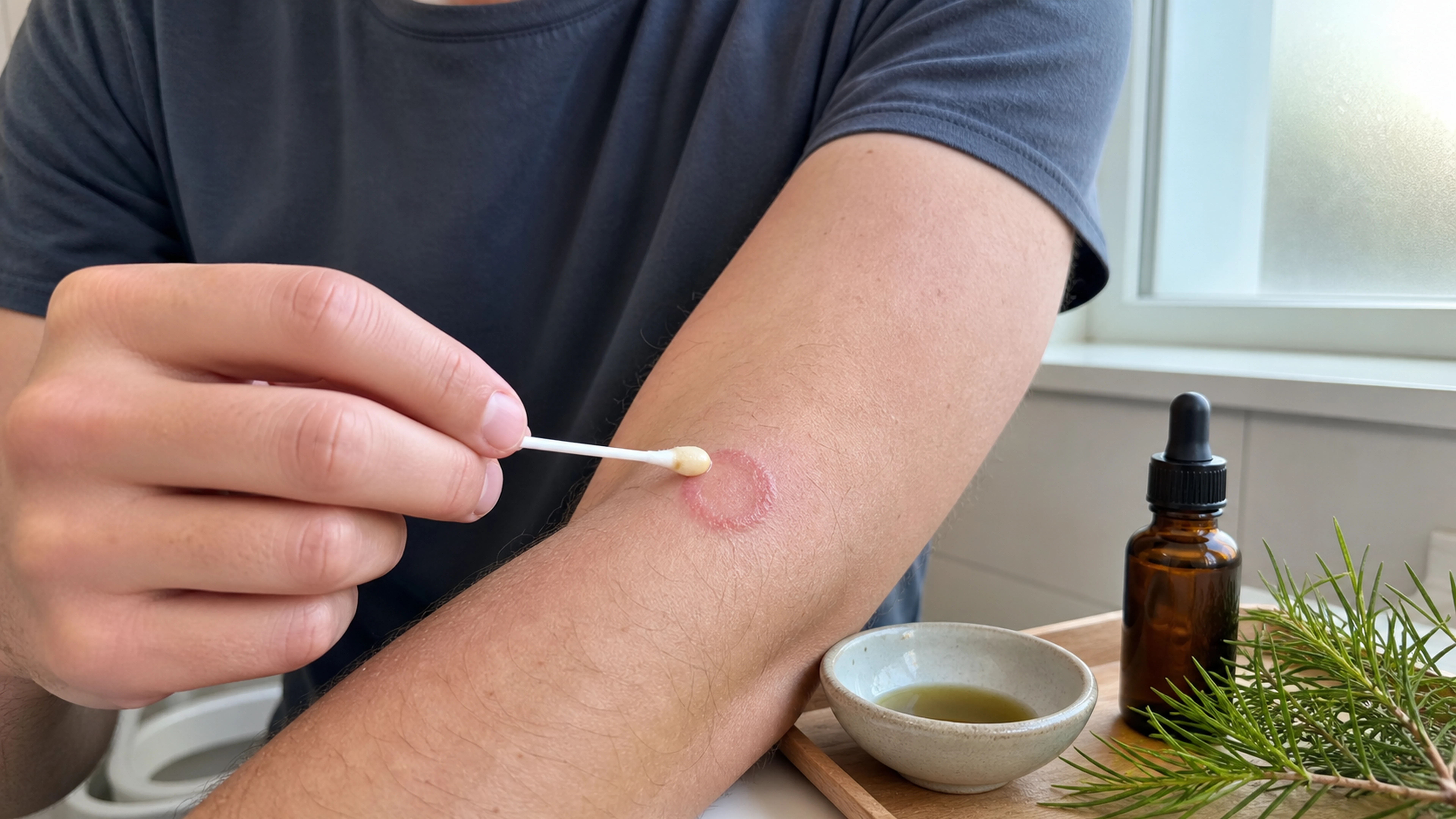 Application d’un soin naturel dilué sur une plaque cutanée circulaire de l’avant-bras